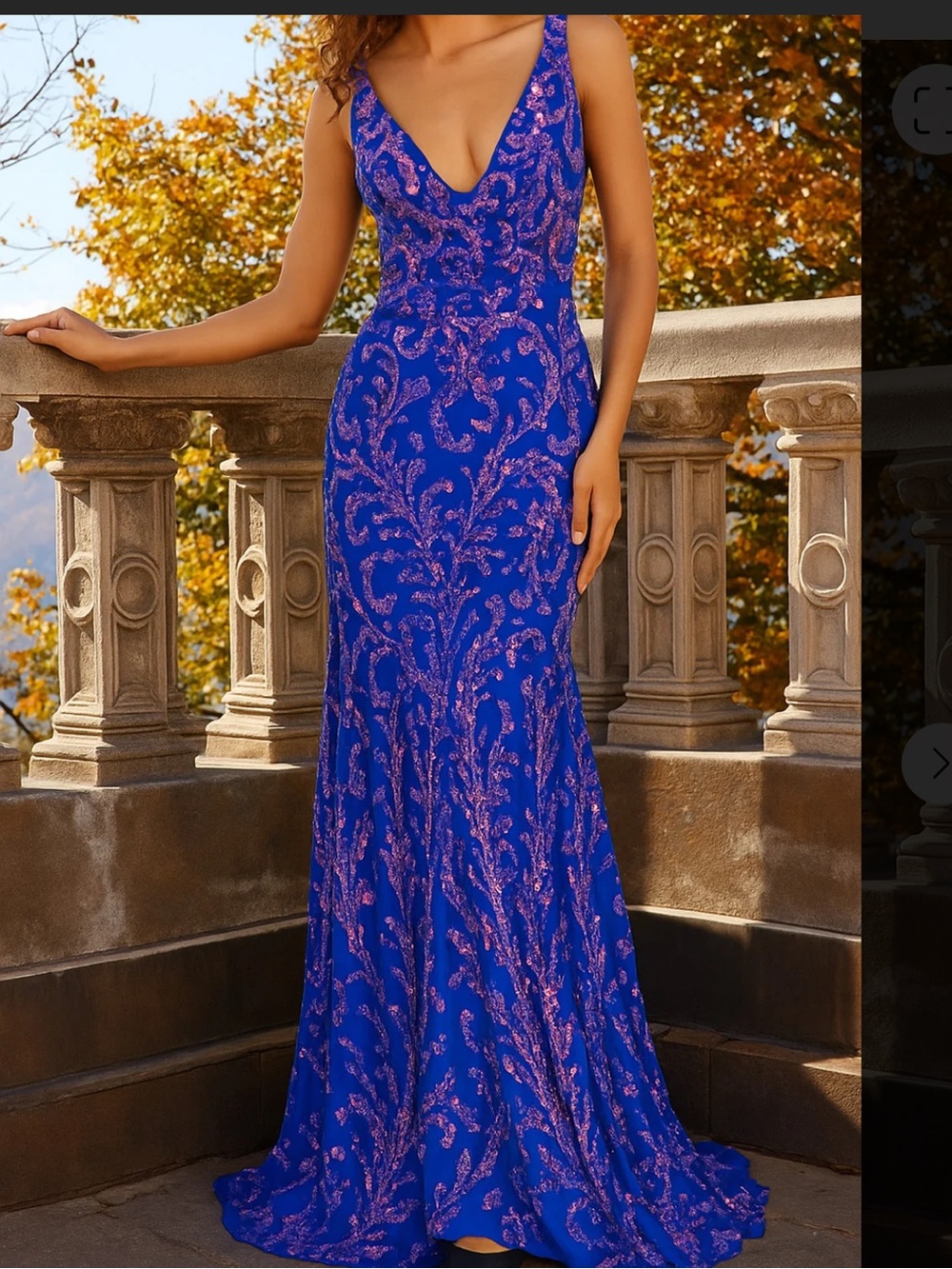 V-Neck Royal Blue Sequin Evening Gown Plunging Embellished Gown